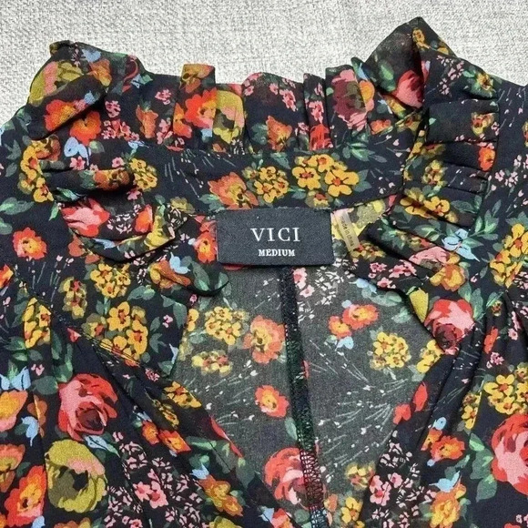 Vici Dress Medium Short Tiered Floral Print Sheer Long Sleeve - Picture 4 of 8